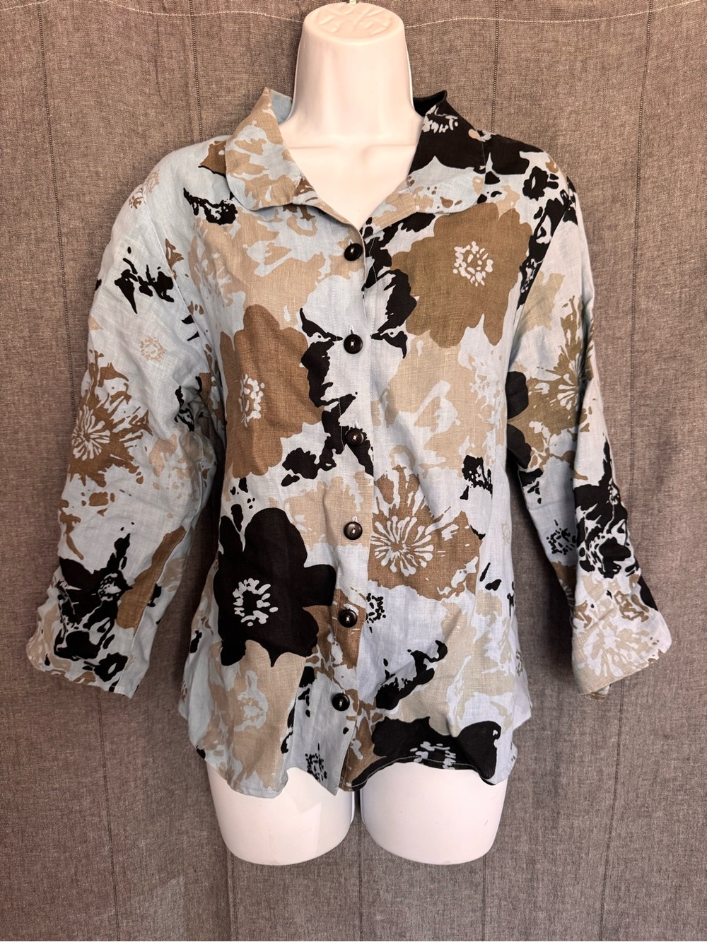 Habitat Linen Floral Button Down 3/4 Sleeve Shirt Large Coastal Lagenlook Beach